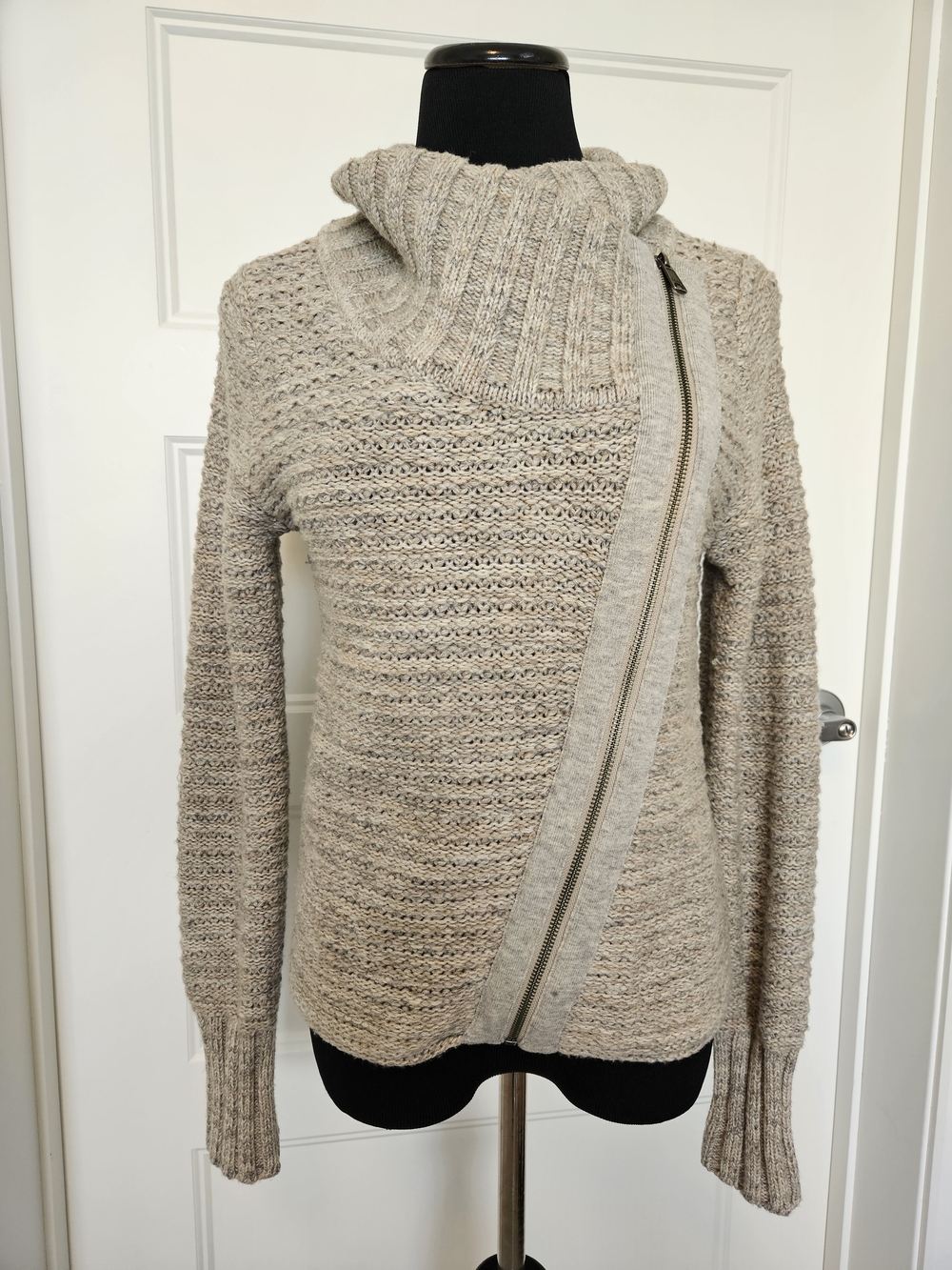Athleta Beige Asymmetrical Zip Cowl Sweater